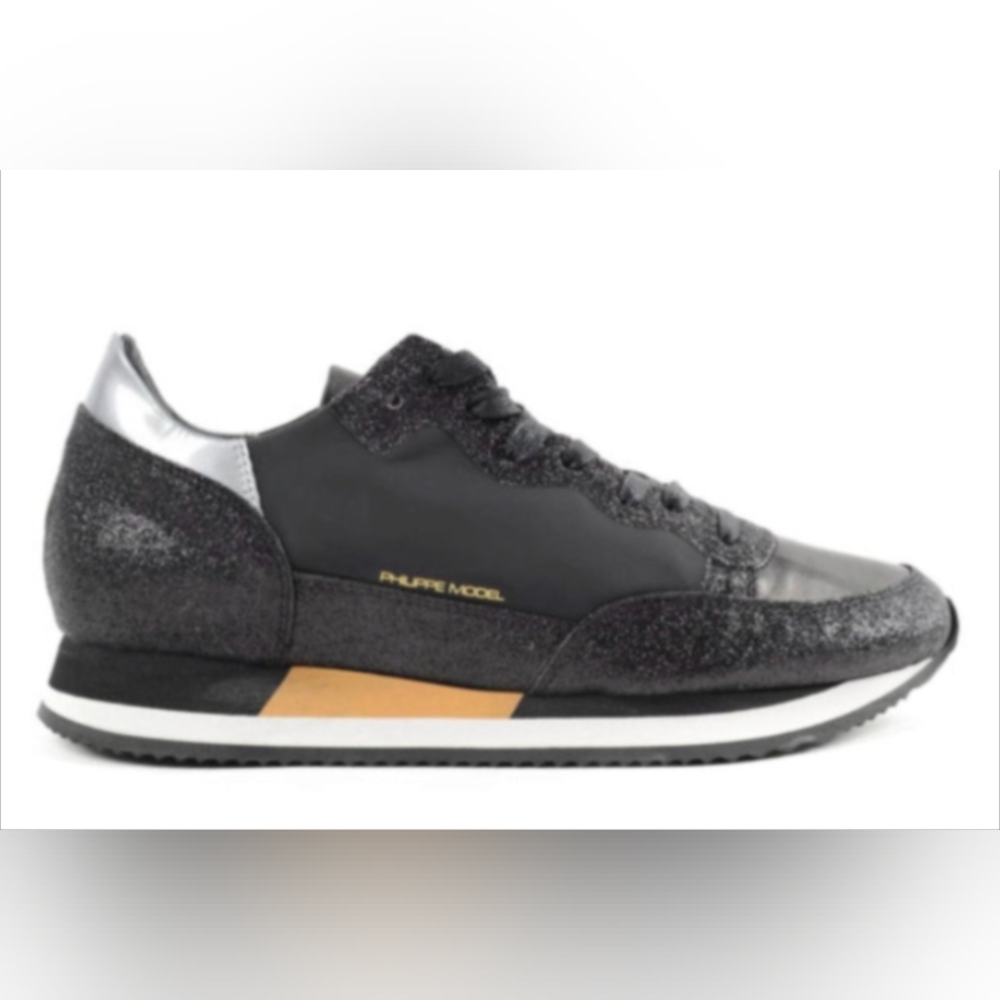 PHILIPPE MODEL Glitter leather sneakers in black Size 39